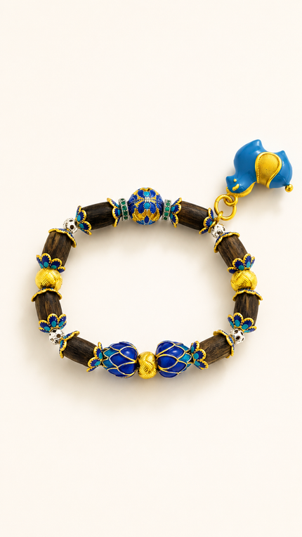 Open Possibility naturally aromatic agarwood bracelet with blue cloisonne details and a playful horse charm