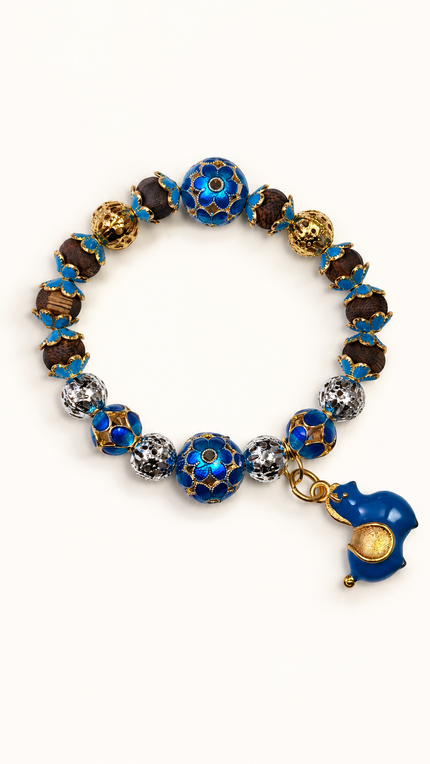 Mystic Clarity naturally aromatic agarwood bracelet with detailed blue cloisonné elements