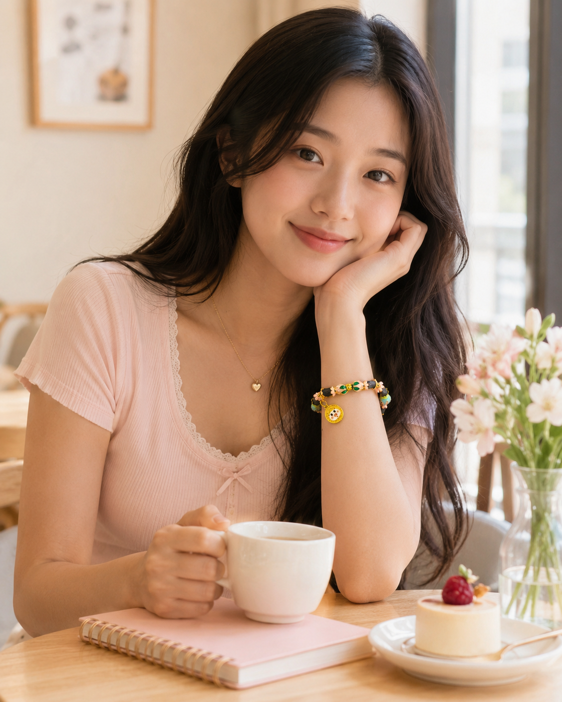 Soft Heart | Blush Pink Agarwood & Enamel Bracelet